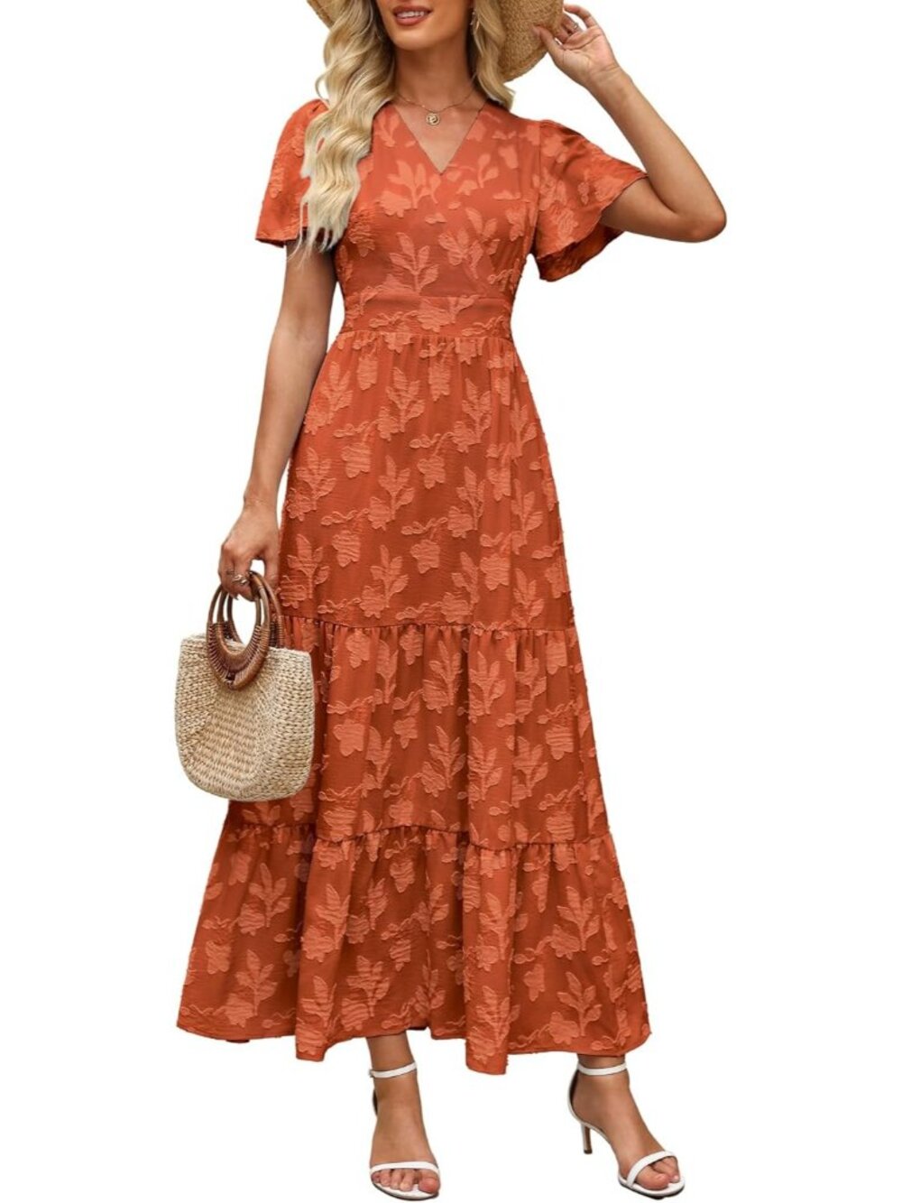 Women's Orange Short Flutter Sleeve V Neck Boho Floral Imported Maxi Dress